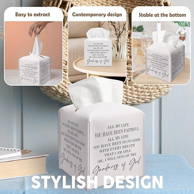 Christian Decorative Tissue Box Cover Square, Leather Tissue Box Cover Holder, Inspirational Quote Gift Ideas for Friends, Goodness of God Decor for Bathroom Office-(5.2 Inches)
