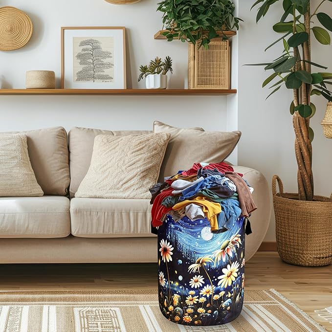 Watercolor Flowers Laundry Hamper Foldable Oxford Cloth Night Starry Sky Floral Laundry Basket With Handle Portable Clothes Storage Basket Laundry Bag 18.9"x16.5" For Laundry Room/Bedroom/Bathrooms