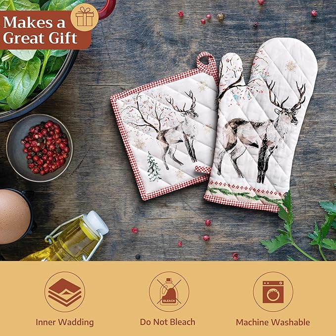 Maison d' Hermine Pot Holders 100% Cotton Heat Resistant Potholders 8" x 8" Hot Pads with Loop for Thanksgiving Christmas Decorations BBQ Cooking Baking Handling Hot Pans (Pack of 1, Rural Christmas)