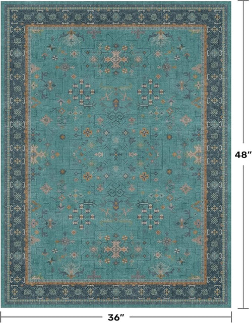 3x4 Teal Rugs for Entryway Indoor - Washable Non Skid Area Rug for Large Kitchen, Bedside, Bathroom, Mudroom, Boho Geometric Floral Design, Non Slip Low Pile Fade Resistant
