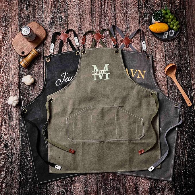 Personalized Apron with Embroidered Initial, Denim Canvas Custom Aprons for Men, Adjustable Mens Apron Cooking Aduit Men Gift Trendy Stufff, Kitchen Essentials,Barbeque w/Styles & Patterns