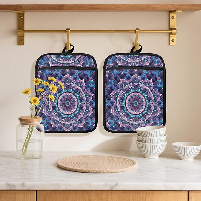 Boho Purple Blue Mandala Floral Pot Holders 2 Pack Set, Vintage Hinduism Spiritual Folk Lotus Flower Mandala Heat Resistant Oven Hot Pads for Kitchen Countertop Baking，073 Potholder