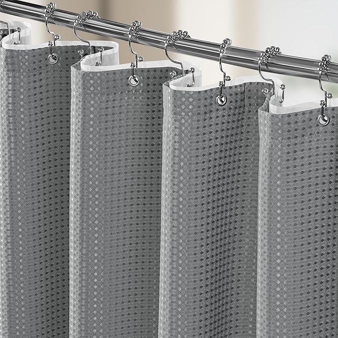 Vipfree 3 in 1 Shower Curtain Set, Waffle Shower Curtain and Liner Set with 12 Double Sided Shower Curtain Hooks, 258GSM Luxury Weighted Cloth Shower Curtains for Bathroom, 72 W x 84 H, Grey