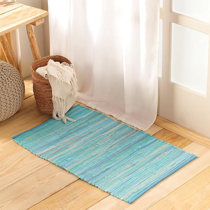 HOMEMONDE Teal Chindi Rug 20"x32" Recycled Soft Cotton Hand Crafted Reversible Boho Rag Rugs for Entyrway, Doormat, Kitchen, Bedroom, Living Room