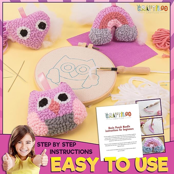 CRAFTILOO 3Pcs of Embroidery Punch Needle kit for Kids Mini Pillows Googly Heart Owl Rainbow Needlepoint Craft Embroidery Pen Needle Punch Kit Art Punch Needle Yarn