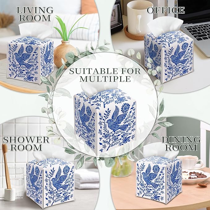 Blue Tissue Box Holder, Scandinavian Boho Bird Leather Tissue Box Cover Square, Paper Napkins Everyday Dispenser for Bathroom Vanity Countertop Night Stands Kitchen Office Car Home Decor