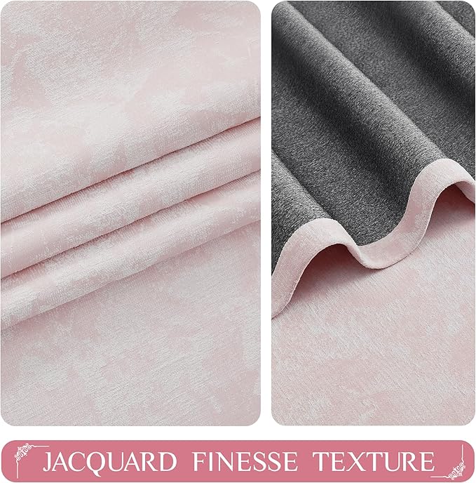 Beauoop Pink Floral Jacquard Blackout Curtains 90 Inches Long 2 Panels for Bedroom Living Room Chenille Flower Room Darkening Thermal Insulated Soundproof Grommet Window Treatments Drapes, 52x90
