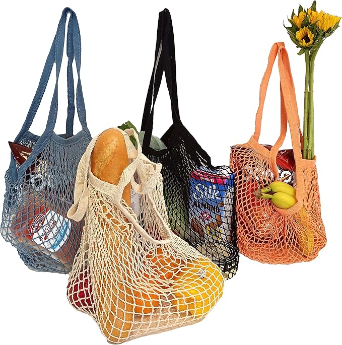 Homeneeds Reusable Long Handle Grocery Bags, Fruit and Vegetable Shoulder Bag, Washable Cotton Mesh String Organizer Shopping Handbags