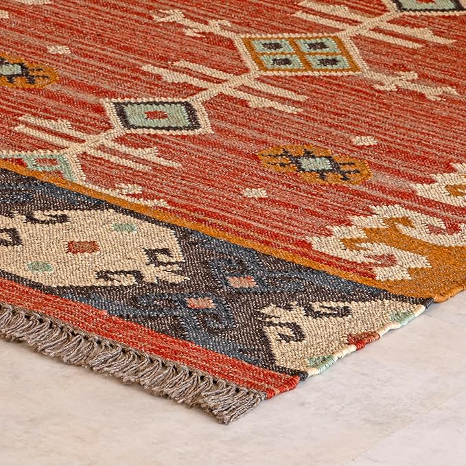 Jute Traditional Kilim Rug Boho Flatweave Area Rug for Living Room, Living Room Entryway, Tribal Series, 5'x7'