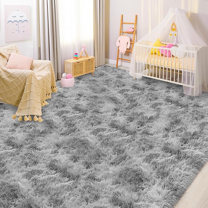 8x10 Area Rugs for Living Room Soft Fluffy Grey and White Rug for Bedroom Under Bed Modern Plush Tie Dyed Gray Shag Carpets Furry Playing Mat for Kids Girls Boys Room Playroom Nursery Dorm