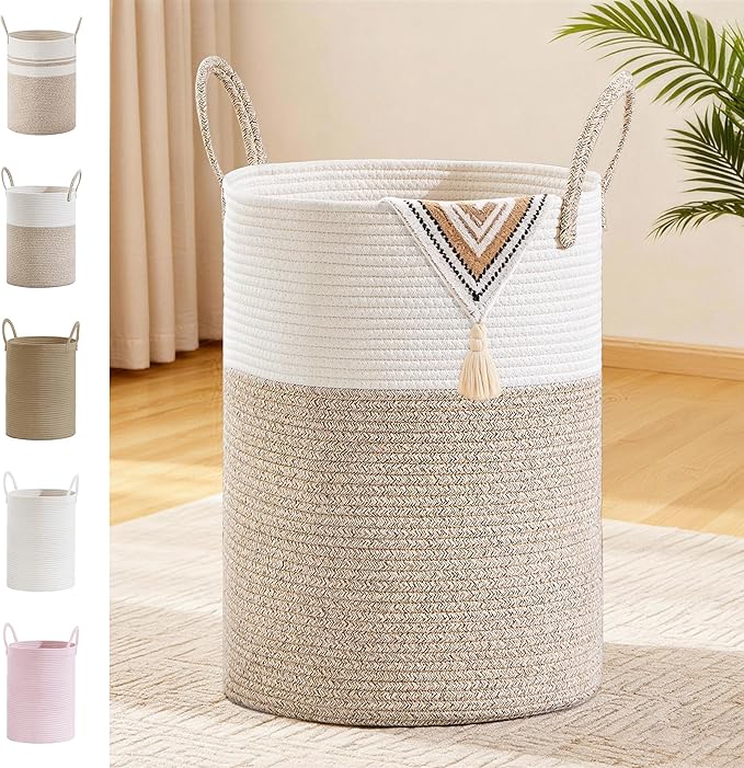 SunNewt Tall Laundry Basket with Handles, 72L Portable Dirty Clothes Hamper, Boho Cotton Rope Storage Bin for Blankets Kids Toys Gifts, Large Organizer for Baby Nursery Bedroom Bathroom, Brown