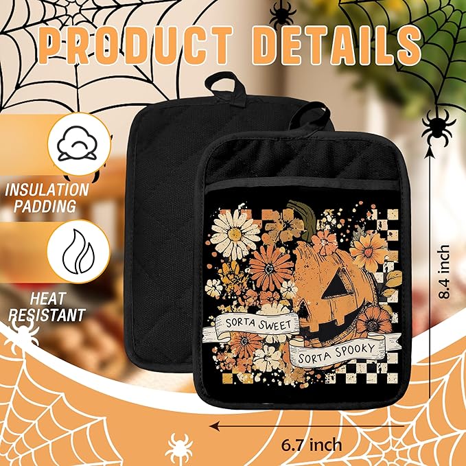 Halloween Pumpkin Floral Pot Holders with Pockets, Retro Checkered Rustic Fall Halloween Oven Pot Holders Heat Resistant Oven Mitts Hot Pads for Kitchen Baking Cooking