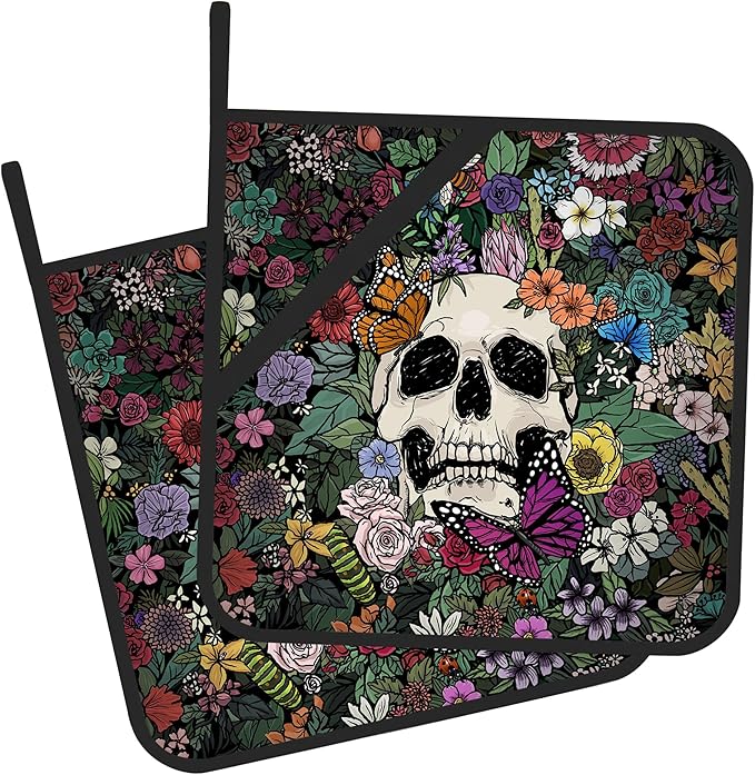 Pot Holder Set of 2,Gothic Skull Flowers Kitchen Heat Resistant Potholder for BBQ Cooking Baking,Food Hot Pat for Women Men Kitchen Wear