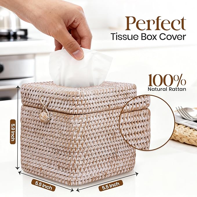 Whitewash Rattan Tissue Box Cover – 5.5x5.5x5.9 Inch - Stylish Handwoven Tissue Holder with Lid - Ideal for Bathroom Vanity, Bedroom, or Living Room Home Accent