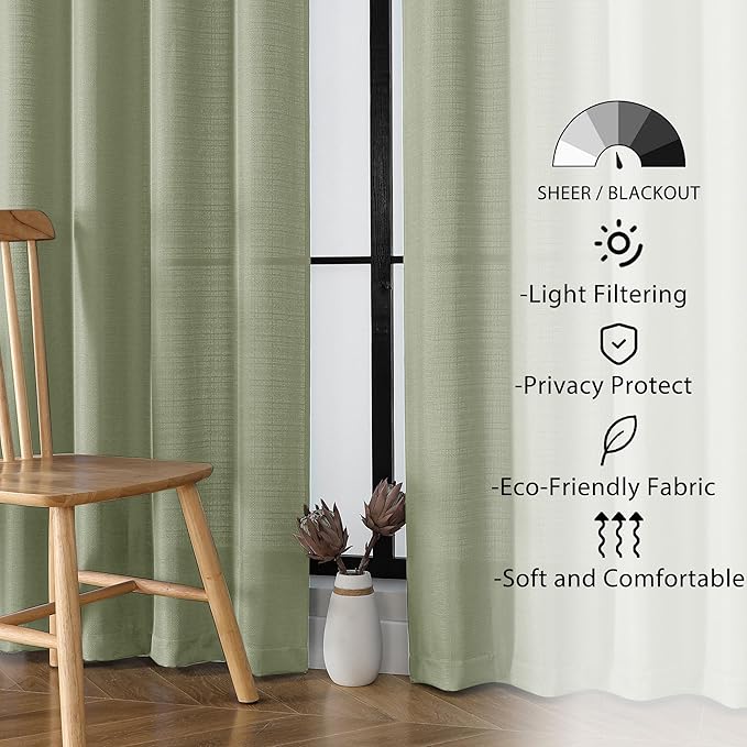 Lecloud Bessie Light Green Curtains for Bedroom 72 Inches Long 2 Pcs, Light Filtering Modern Farmhouse Decor Living Room Curtains, Window Treatments Drapes for Dining Room, Each Panel 40" W x 72" L