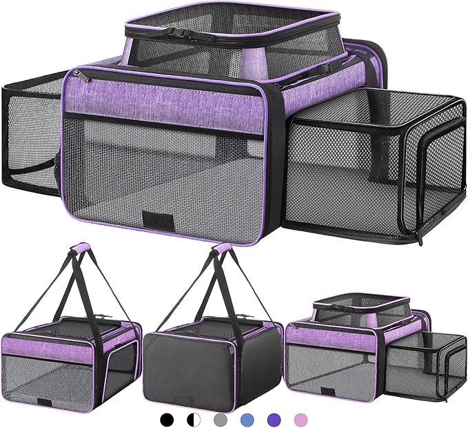 Top and 2 Sides Expandable Large Cat Carrier 18x13.5x9.5, TSA Airline Approved Dog Carriers for Large Dogs, Soft-Sided Pet Carrier with Self-Locking Zippers for Kitten,Rabbit, Puppy Purple