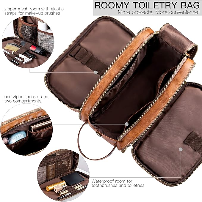 Elviros Travel Toiletry Bag Gift for Men，Mens Toiletries Bag Gifts Set Shaving Dopp Kit Water-resistant Bathroom Toiletries Organizer PU Leather Cosmetic Bags 2 Pack