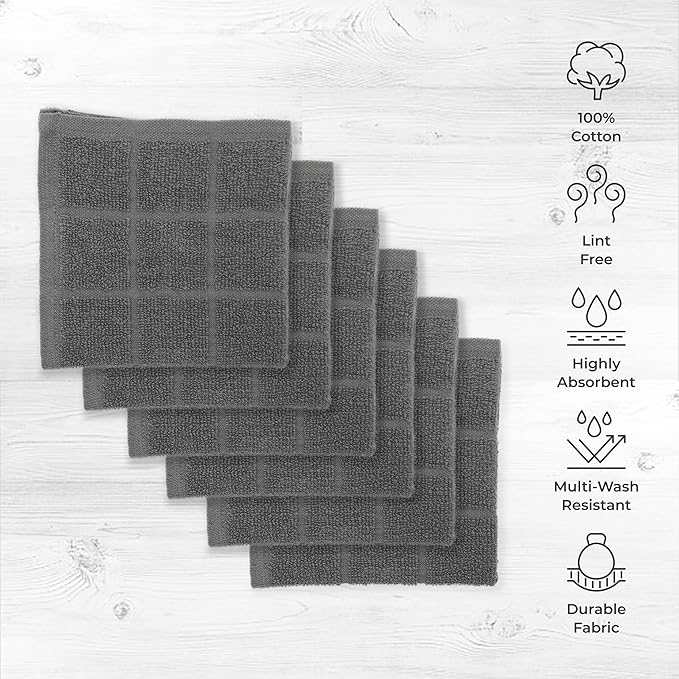 Mellow Buff 100% Cotton Terry Dish Cloth & Dish Towel, 6 Pack, Super Soft and Absorbent Kitchen Towels, Perfect for Kitchen Cleaning and Dish Washing (Grey 6 Pack)
