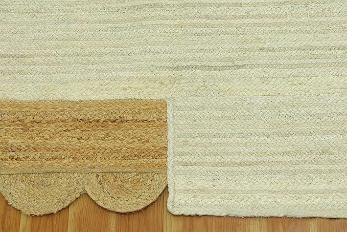 Scalloped Edge Rug, Hand Woven Natural Jute Area Rug, 6x8 Ft Beige & Brown Braided Sisal Kilim Rugs for Living Room, Kitchen, Entryway, Farmhouse