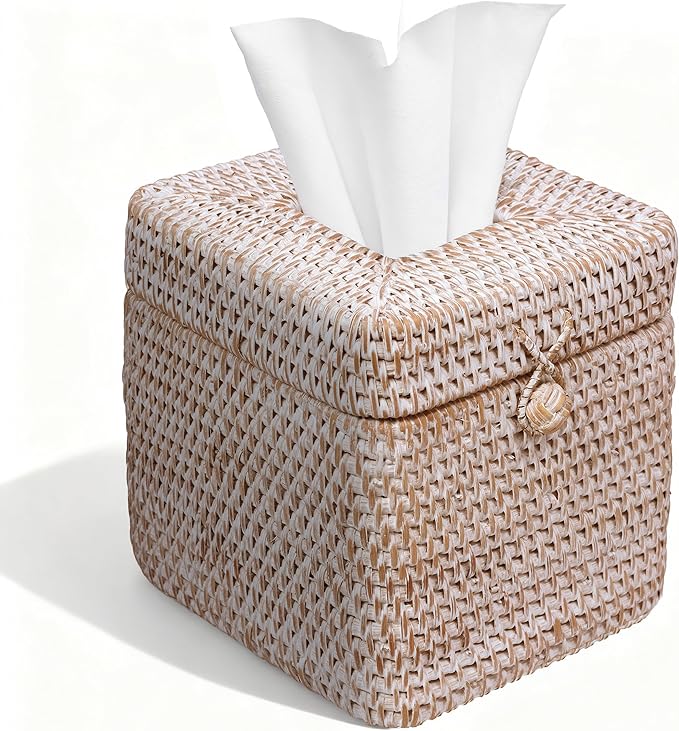 Whitewash Rattan Tissue Box Cover – 5.5x5.5x5.9 Inch - Stylish Handwoven Tissue Holder with Lid - Ideal for Bathroom Vanity, Bedroom, or Living Room Home Accent