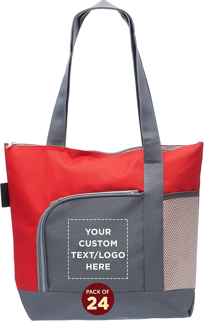 DISCOUNT PROMOS Custom Go Getter Sport Tote Beach Bags Set of 24, Personalized Bulk Pack - Reusable, Great for Shopping, Beach, Picnic, Other Outdoor Adventure - Red