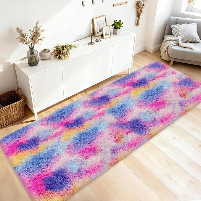 Pink Rainbow Rug for Girls Bedroom Bedside 3x10 ft, Soft Fluffy Plush Runner Carpet Shag Kids Area Rug for Little Girls Room, Cute Colorful Rug Runner for Hallway Nursery Living Room
