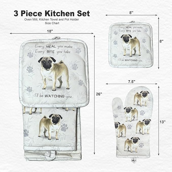 Pug 3-Piece Kitchen Set - Oven Mitt, Pot Holder & Kitchen Towel Set, Heat Resistant up to 420 F, Soft Quilted Cotton for Cooking, Baking, BBQ, Pet Lover Gifts (Pug)