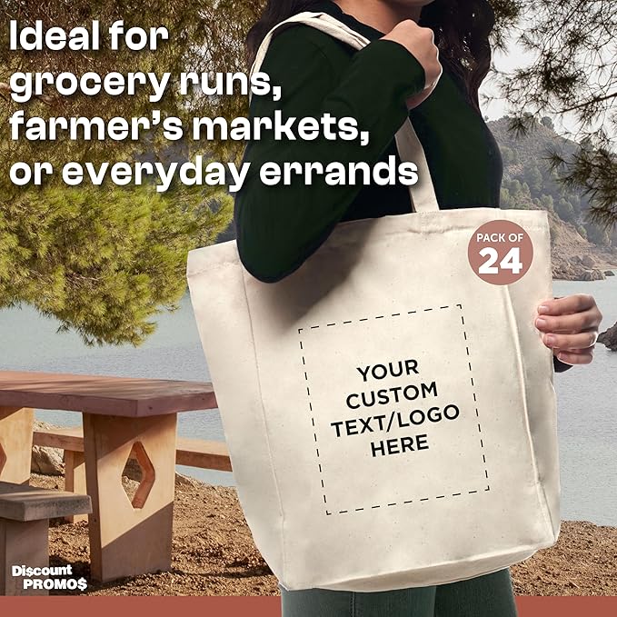 DISCOUNT PROMOS Custom Cotton Canvas Tote Bags Set of 100 - Personalized, Reusable, Perfect for Grocery, Promotions, Branding - Natural Color, 14.25"X15.5"X5", 10 OZ Cotton