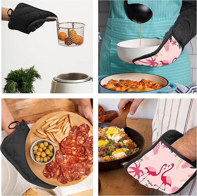 Pink Flamingo Pot Holders with Pockets, Tropical Flamingo Enjoy The Time Pot Holders Heat Resistant Oven Mitts Hot Pads for Kitchen Baking Cooking