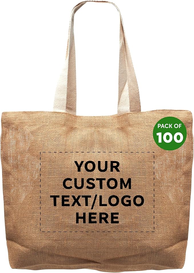 DISCOUNT PROMOS 100 Natural Jute Fiber Carry-On Tote Bags Set - Customizable Text, Logo - Convenient, Webbing Handle, Everyday Use - Natural