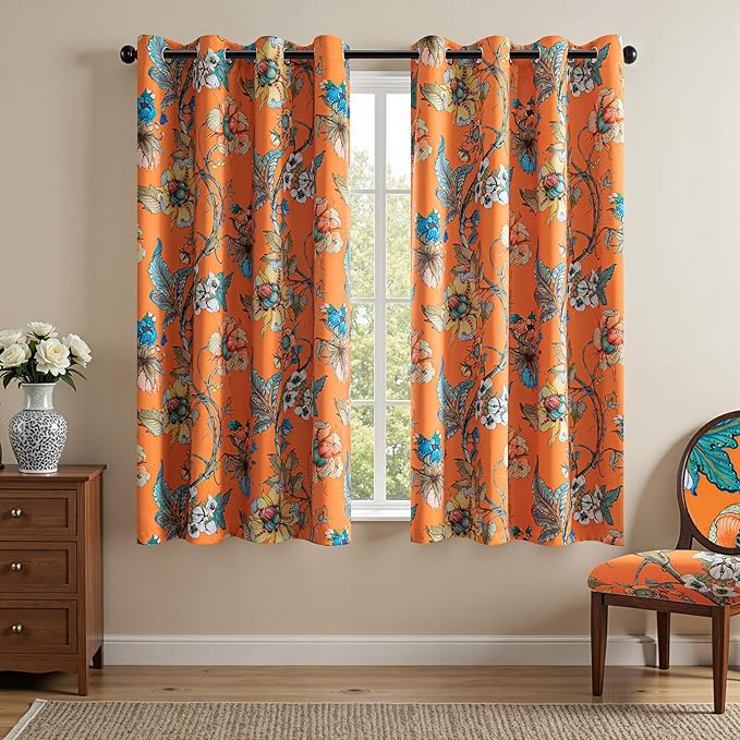 MYSKY HOME 95% Blackout Floral Curtains 63 Inches Long 2 Panels Set for Bedroom Thermal Insulated Light Blocking Curtain Printed Flower Vintage Style Grommet Top Drapes for Girls Room, 52" W, Orange