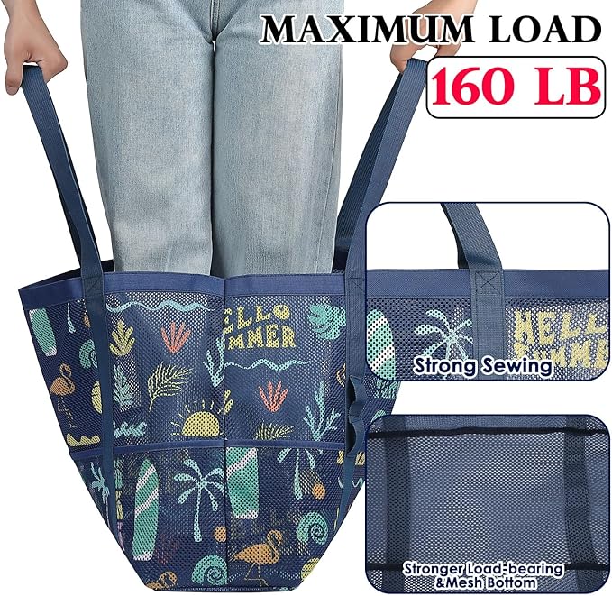 Fammart Mesh Beach Bag, Large Beach Tote with Zipper Pocket for Family Pool Bag for Toys & Vacation Essentials