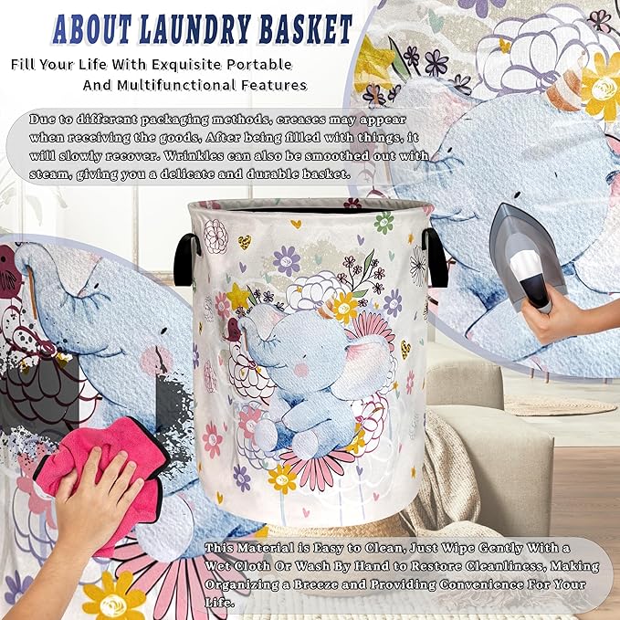 Cute Elephant Laundry Basket Oxford Cloth Colorful Flowers Animal Laundry Hamper With Handle Portable Clothes Storage Basket Foldable Funny Laundry Bag 18.9"x16.5" For Laundry Room/Bedroom/Bathrooms