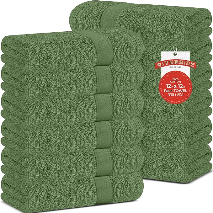 RIVERSIDE 12 Pack Premium 100% Cotton Face Wash Cloths, 12 x 12 Inches, Soft & Absorbent Face Towels for Bathroom Wash Clothes, 550 GSM, Luxury WashCloths for Showering, Body, Spa & Gym, Sage Green