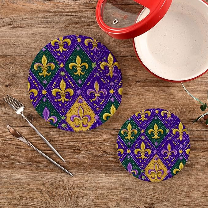 Boccsty Fleur De Lis Lilyes Trivet Mat 2PCS Mardi Gras Round Woven Potholders Kitchen Table Countertop Protector Hot Pads Farmhouse Coasters Counter Mats for Cooking Baking