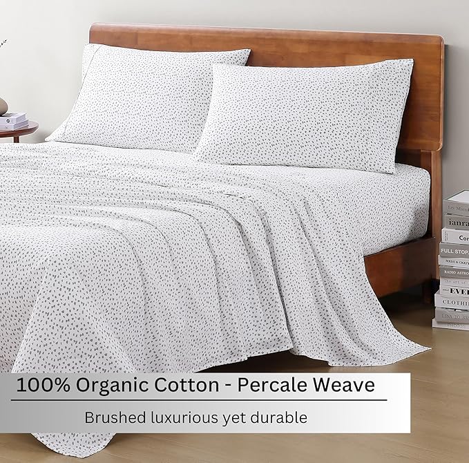 LANE LINEN 100% Organic Cotton Printed Full Size Sheet & Pillowcase Sets, 15" Deep Pocket Fully Elasticized Soft & Comfy Percale Bedding, Eco Friendly Cotton Sheets Full- Haze Grey