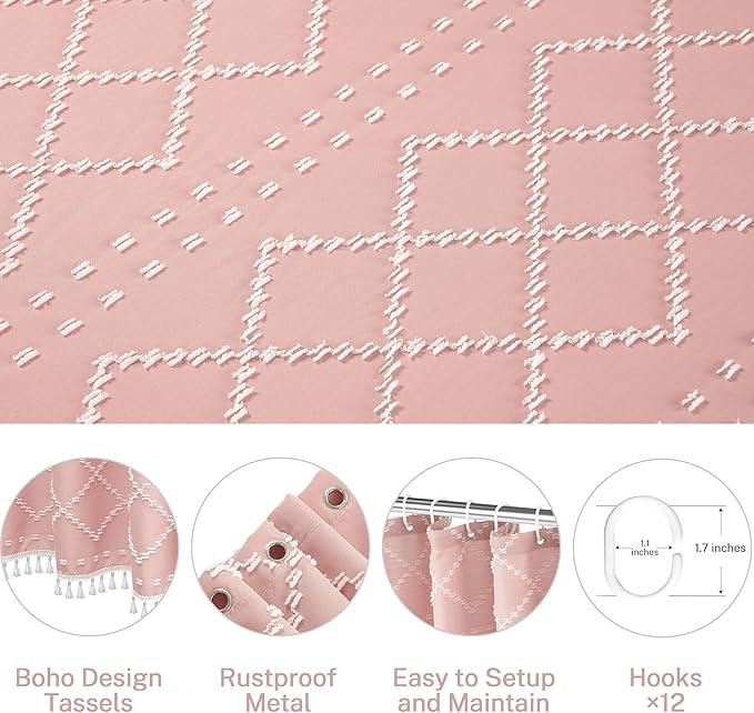 Extra Long Pink Textured Boho Shower Curtain with Tassels 72 x 78 Tufted Chevron Striped Chenille Woven Fabric Cloth Shower Curtain Modern Farmhouse Minimalist, Shabby Chic Home Decor for Bathroom