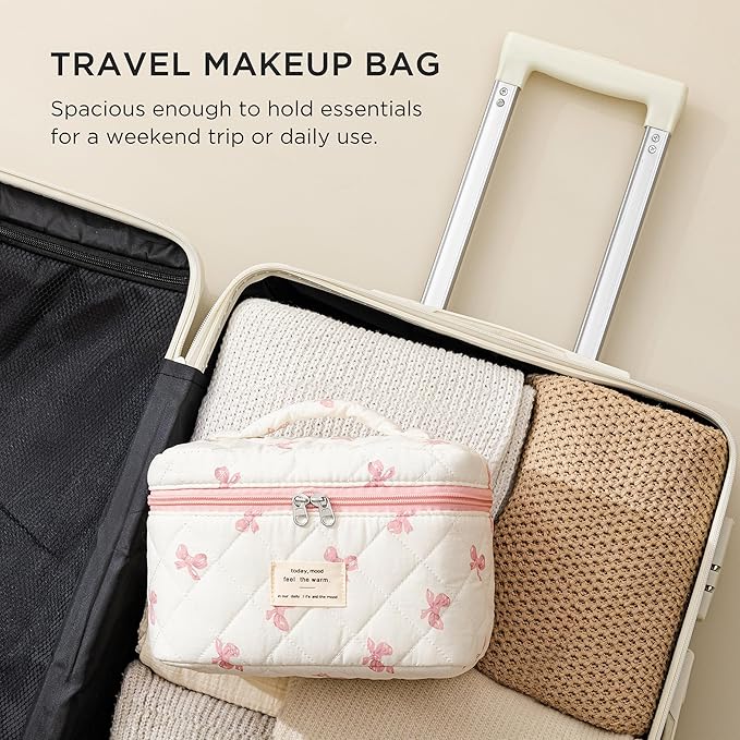 HBselect Christmas Gifts Large Quilted Makeup Bag, Cute Cotton Travel Makeup Bag with Handle, Portable Coquette Floral Make up Bags, Toiletry Organizer Make up Bags for Women Teen Girls Mom