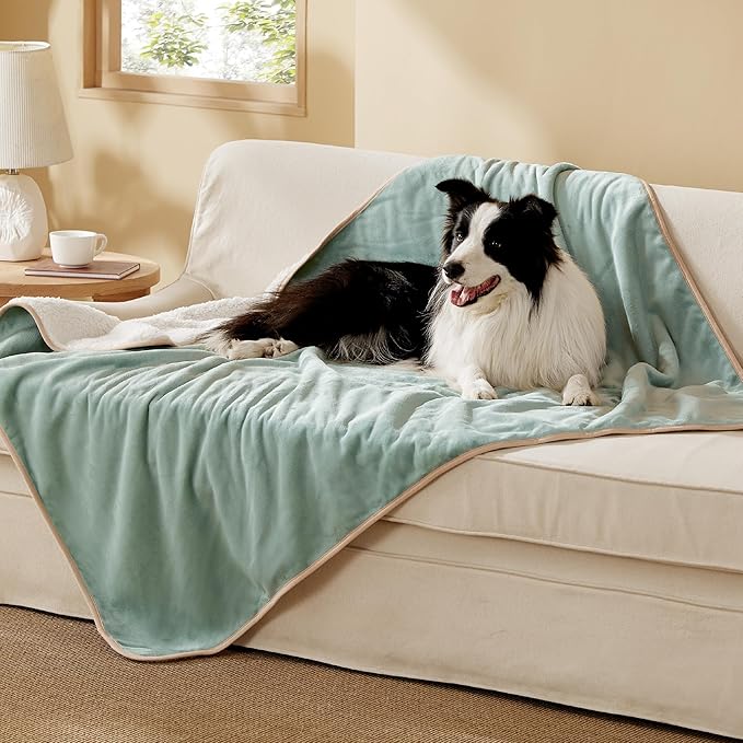 Bedsure Waterproof Dog Blankets for Large Dogs - Large Cat Blanket Washable for Couch Protection, Sherpa Fleece Puppy Blanket, Soft Plush Reversible Throw Furniture Protector, 40"X50", Light Green