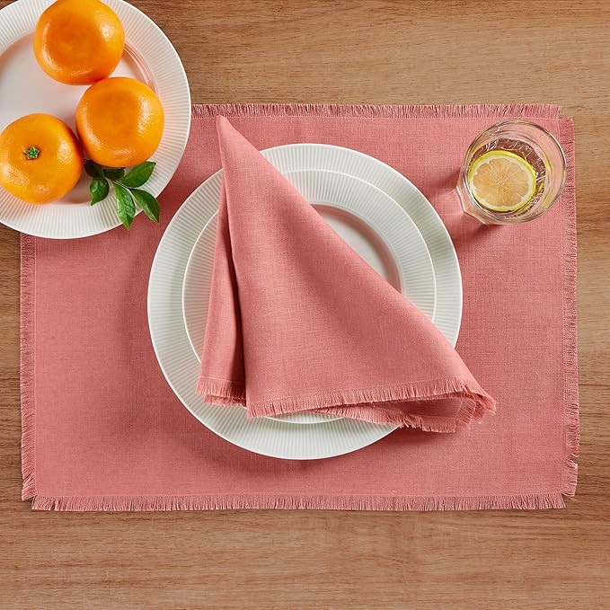 Solino Home Fringe Linen Placemats Set of 4 - Dusty Rose Placemats 14 x 19 Inch - 100% Pure Linen Table Mats for Valentines, Spring, Easter