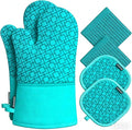 Oven Mitts and Pot Holders Sets 6pcs, Kitchen Oven Glove,High Heat Resistant 550 Degree Extra Long Oven Mitts and Potholders with Non-Slip Silicone Surface for Home Essentials (Grey) (Ice Blue)