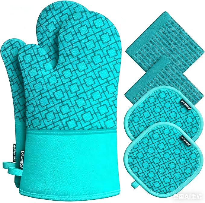 Oven Mitts and Pot Holders Sets 6pcs, Kitchen Oven Glove,High Heat Resistant 550 Degree Extra Long Oven Mitts and Potholders with Non-Slip Silicone Surface for Home Essentials (Grey) (Ice Blue)