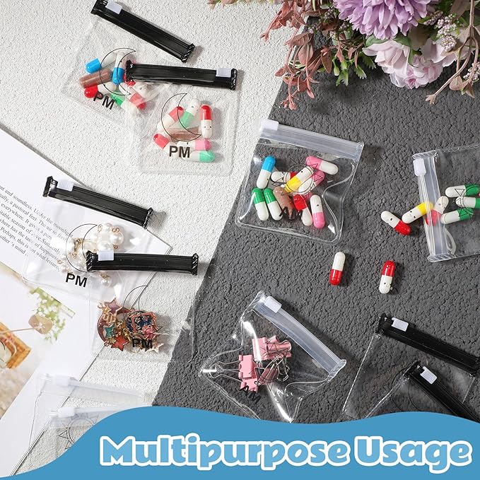 24 Pieces Pill Pouch Bags Zippered Pill Pouch Set Reusable Translucent Medicine Organizer Self Sealing Medicine Bag Travel Plastic Pill Bags with Slide Lock Pill Baggies for Pills (Black, Clear)