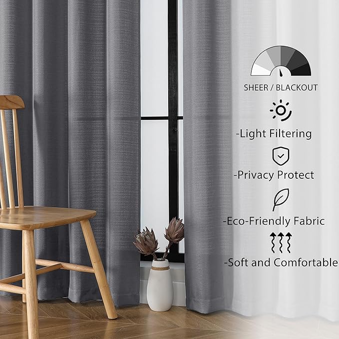 Lecloud Bessie Dark Grey Curtains 63 Inch Length 2 Panels, Light Filtering Curtains for Bedroom, Faux Linen Textured Window Drapes Rod Pocket, Window Treatments for Living Room, Each 40 W x 63 L