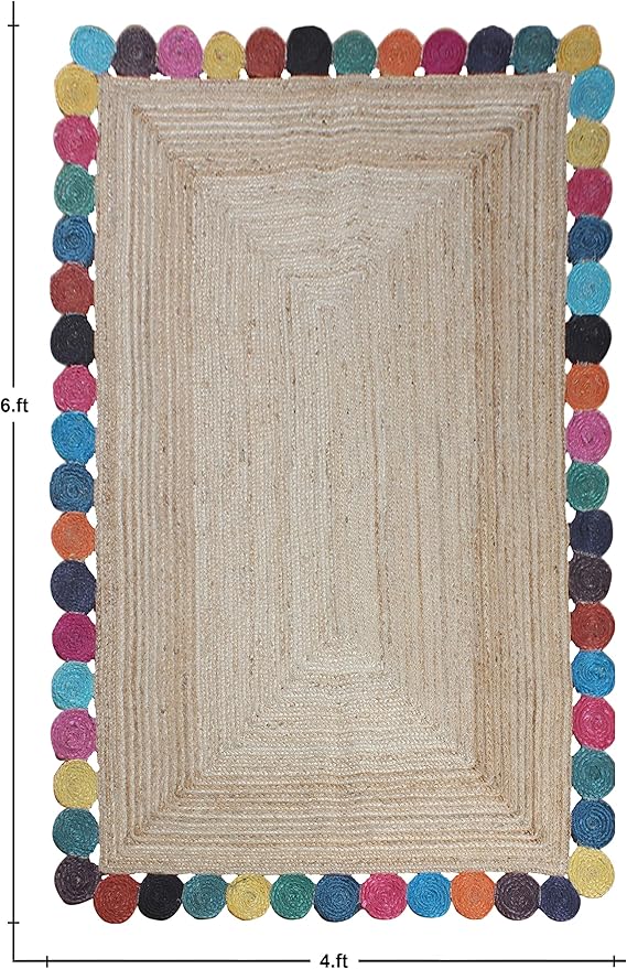 Scalloped Edge Rug, Hand Woven Natural Jute Area Rug, 12x18 Ft Beige & Multicolor Braided Sisal Kilim Rugs for Living Room, Kitchen, Entryway, Farmhouse