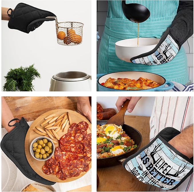 Hunting Cabin Gifts Pot Holders with Pockets, Life is Better in The Woods Moose Pot Holders Heat Resistant Oven Mitts Hot Pads for Kitchen Baking Cooking,Potholders for Kitchens