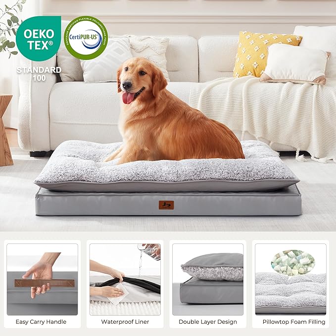 Warmrest 2-Pack Waterproof Dog Bed Large Size Dogs, Plush Cushion & Orthopedic Egg-Crate Foam Mattress for Senior Dogs, Washable Dog Crate Bed with Removable Cover, Light Grey
