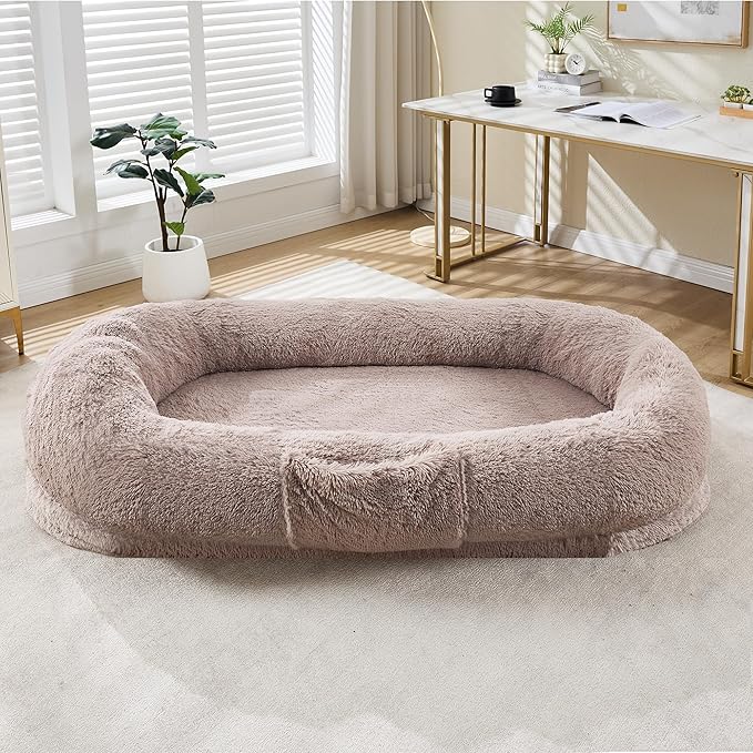 Festisoul Large Plush Dog Bed with Raised Headrest, Orthopedic Pet Bed for Dogs & Cats, Washable Fleece Pet Bed for Large Breeds, Milk Ka (19x14x9 Inches)