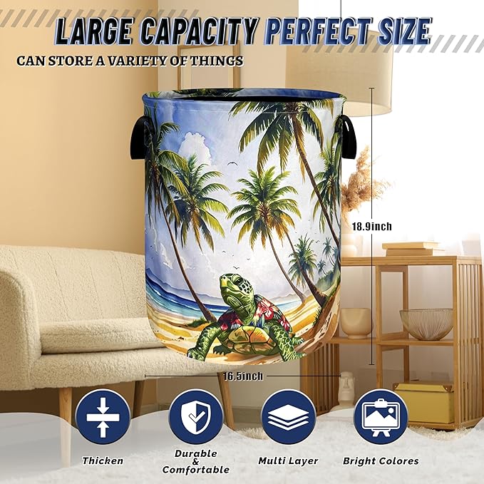 Hawaiian Beach Sea Turtle Laundry Basket Oxford Cloth Turtles Laundry Hamper With Handle Portable Clothes Storage Basket Foldable Funny Laundry Bag 18.9"x16.5" For Laundry Room/Bedroom/Bathrooms