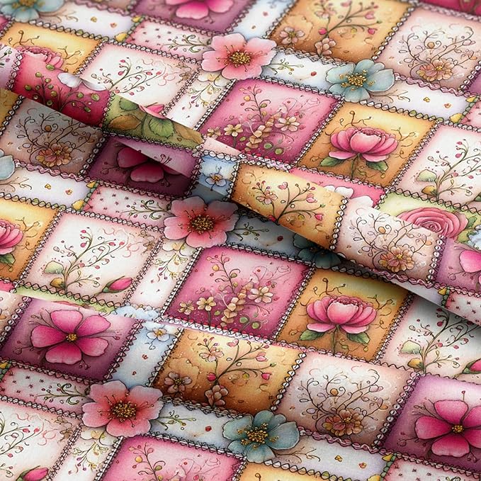 Soft Rose Garden Patchwork Cotton Fabric Panel 61 x 36.6 Inches, Floral Vintage Quilt Pattern, Pink Pastel Tones, 100% Cotton 140 GSM
